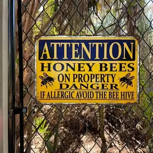Honey Bee Warning Sign, Weatherproof Aluminum Metal Sign, Wall Art for Home Garage Garden Outdoor Decor, Alert and Decorate, Wall Signs