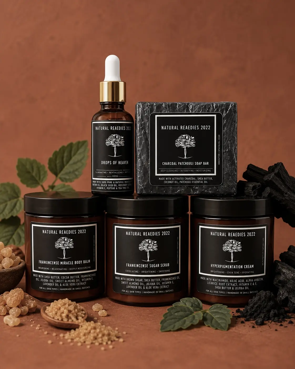 Hyperpigmentation Cream, Miracle Body Balm, Suga Scrub, Drops of Heaven Serum,  Charcoal Patchouli Goat Soap,