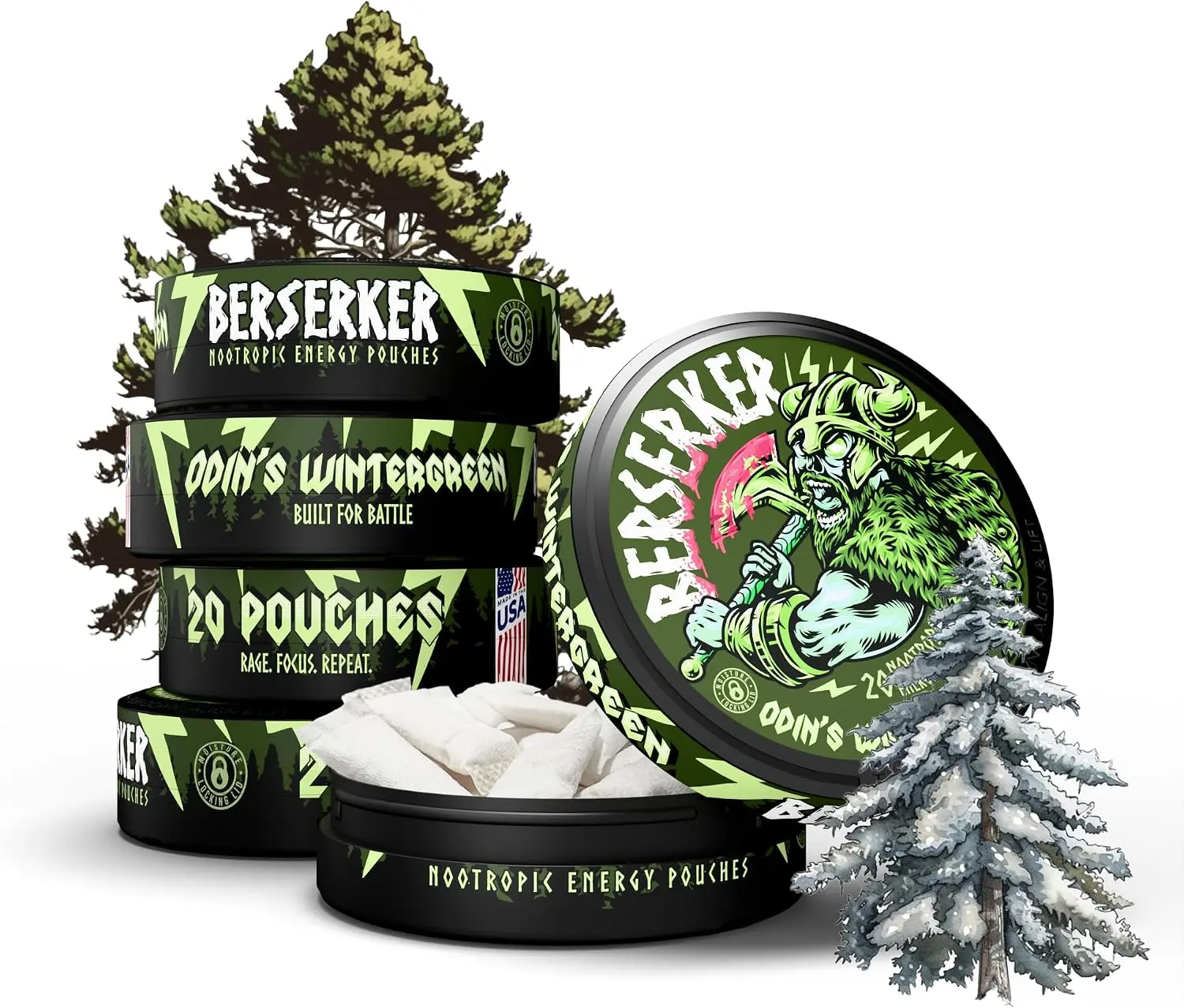 Berserker Focus Pouches - Odin's Wintergreen - Caffeine Infused - 100mg Per Pouch - Nootropic Enhanced - 5 Pack - Tobacco & Nicotine Free - Energy Drink Replacement