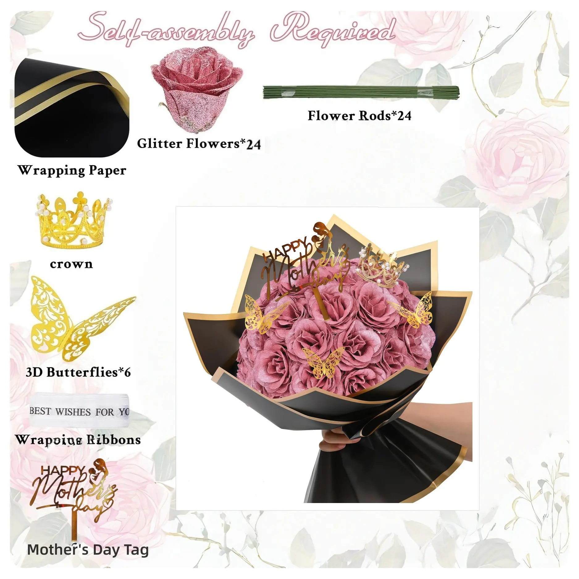 24PCS Glitter Rose Bouquet for Mom, Pink & Gold Faux Flowers, Faux Flower Decor, with Crown, Butterfly & Happy Mother's Day Sign, Never-Fade Gift for Table Centerpiece, Family Photo Prop
