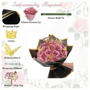 24PCS Glitter Rose Bouquet for Mom, Sparkling Pink & Gold Faux Flowers, Artificial Flowers with Crown, Butterfly & “Happy Mother’s Day” Sign, Never-Fade Gift for Table Centerpiece, Breakfast in Bed Surprise, Family Photo Prop, Glitter Roses Bouquet