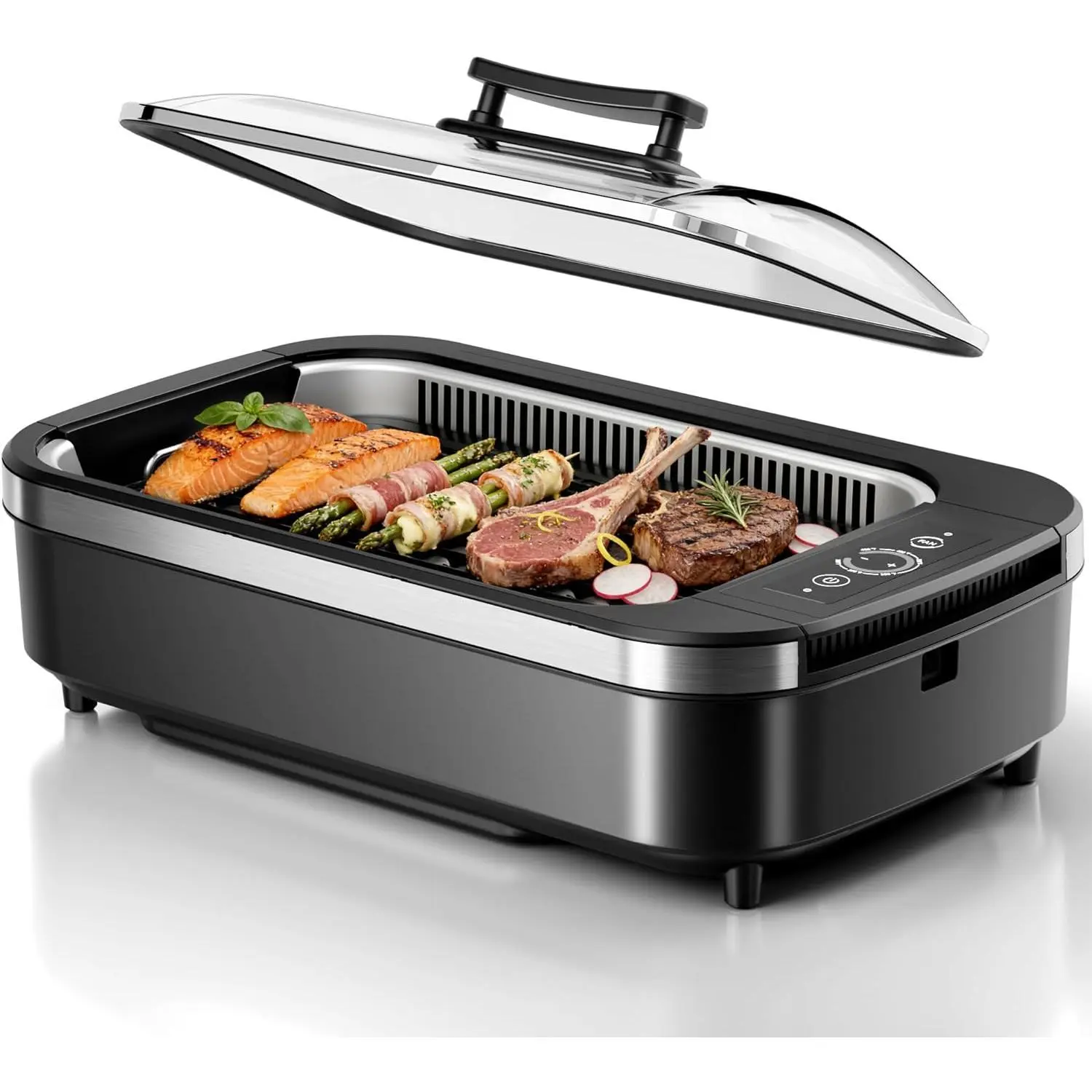 Kismile Smokeless Indoor Grill, 1500W Electric Indoor Grill for Korean BBQ with 6-Level Temp Control, Removable Glass Lid, Non-Stick Grill Plate, Turbo Smoke Extractor, Auto Shut Off & Dishwasher Safe