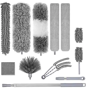 Feather Duster Set, 12pcs/set Including Telescopic Pole & Duster Head & Microfiber Duster, Household Cleaning Tool for High Ceiling, Cobweb, Blinds, Duster Brush