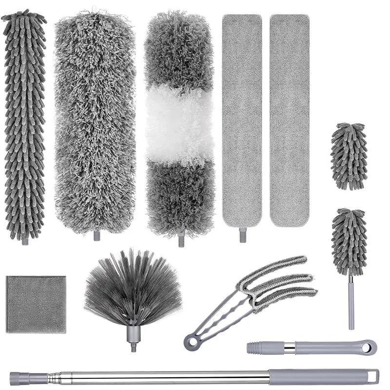 Feather Duster Set, 12pcs/set Including Telescopic Pole & Duster Head & Microfiber Duster, Household Cleaning Tool for High Ceiling, Cobweb, Blinds, Duster Brush, Cobweb Duster with Extension Pole, Extendable Microfiber Duster