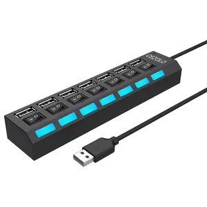 Multi Port Splitter, 7 Port USB 2.0 Hub, USB A Port Data Hub with Independent On/Off Switch and LED Indicators, Lights for Laptop, PC, Computer, Mobile HDD, Flash Drive and More (Black 2.0)