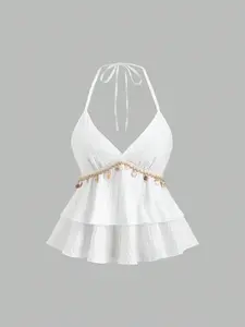 Boho Style Aesthetic Casual Halter Neck Top with Shell Fringe, Backless Butterfly Knot Tie Front, Layered Ruffle Short Sleeve Summer Dress for Women Bohemian