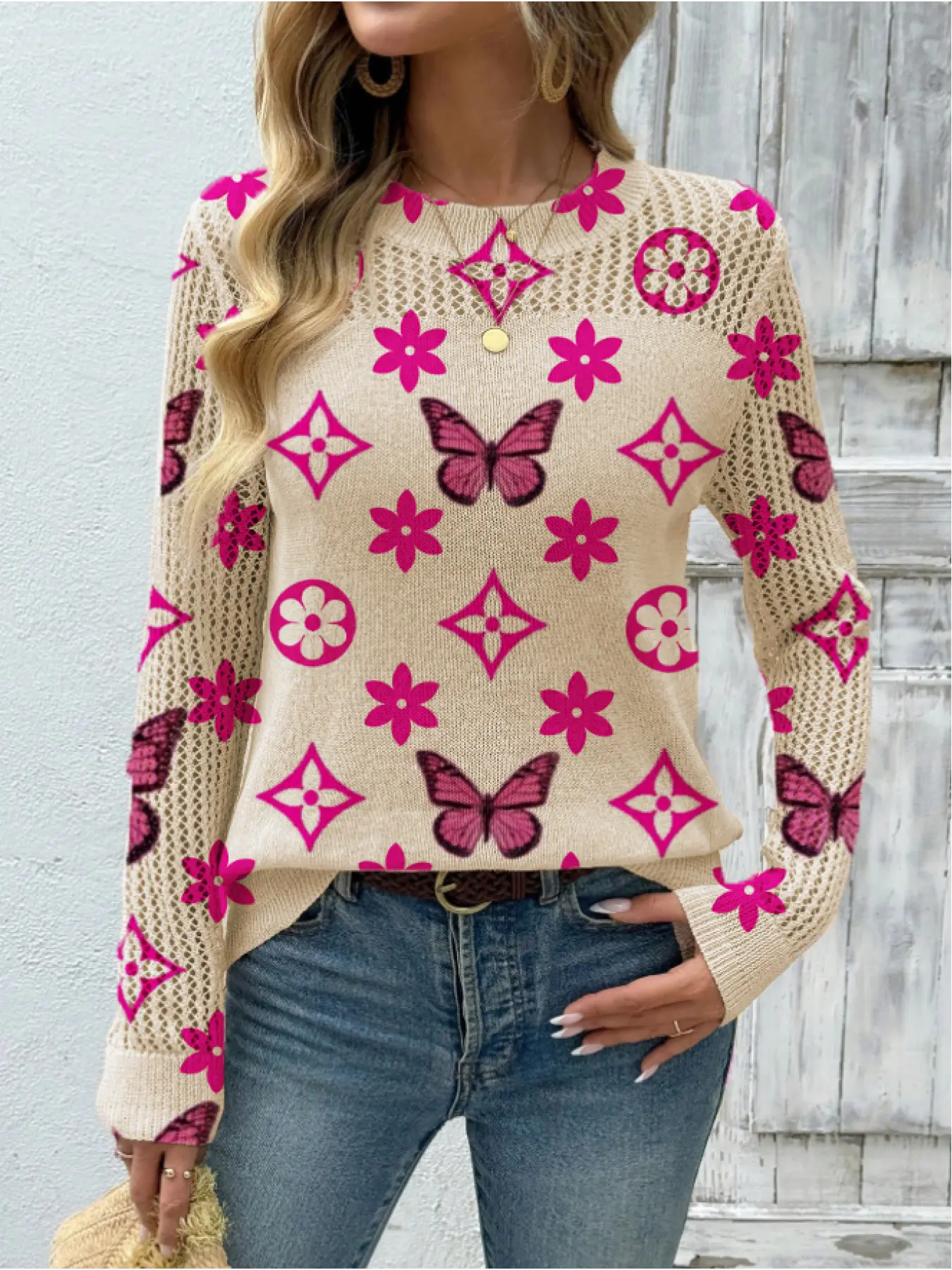 Women's Geometric Butterfly Print Crewneck Pullover Top Knitted Drop Shoulder Fitted Short Sweater Tops, Casual Chic Long Sleeve Knitwear for Fall Winter, Comfortable Warm Daily Wear
