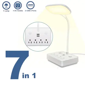 Multi-Functional Night Light with 4 AC Outlets & 2 USB Ports, Power Strip Desk Lamp, LED Reading Light, Study Lamp, Direct Phone Charging, 3 Lighting Modes, Adjustable Brightness