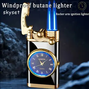 (Butane Gas Not Included) Vintage Torch Lighter with Roman Numeral Clock - Portable Blue Flame Refillable Fuel Lighter, No Electricity Required - Elegant Gift