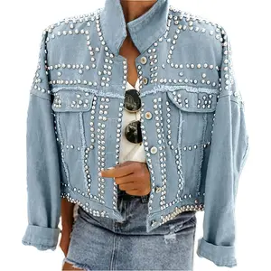Women's Long Sleeve Rivet Studded Denim Jacket Casual Washed Short Jean Coat Western Outfits