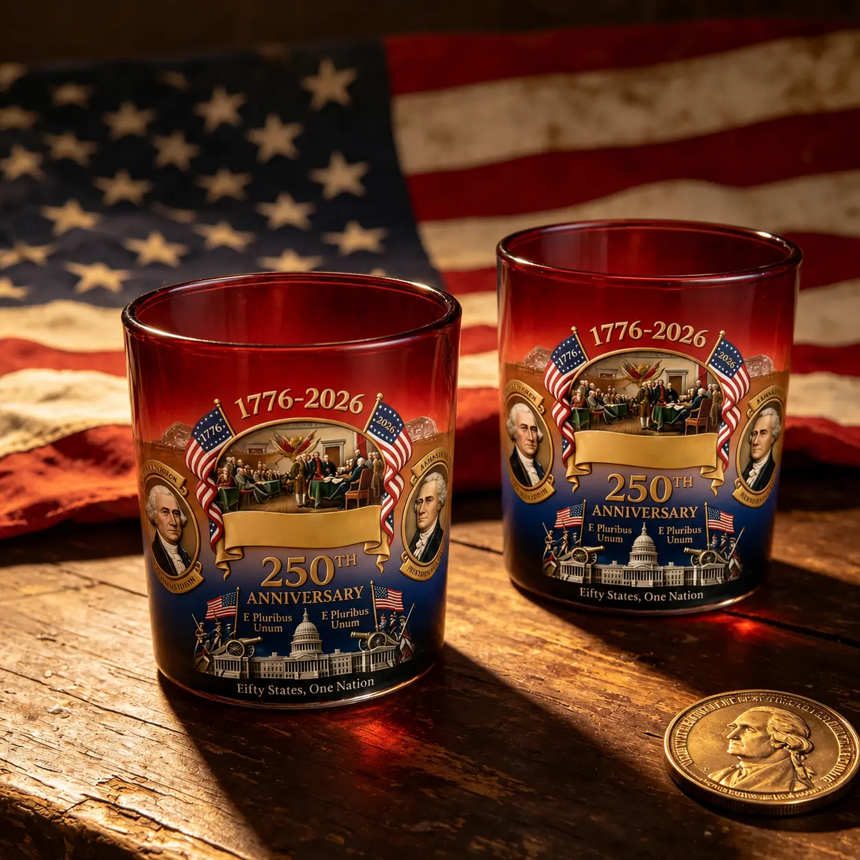2PCS USA 250th Anniversary Commemorative Drinkware Cups, Deep-Etched Relief Glass, High-Definition Surround Printing, Ideal for Veterans (Celebrate Independence Day Kitchenware Gift)