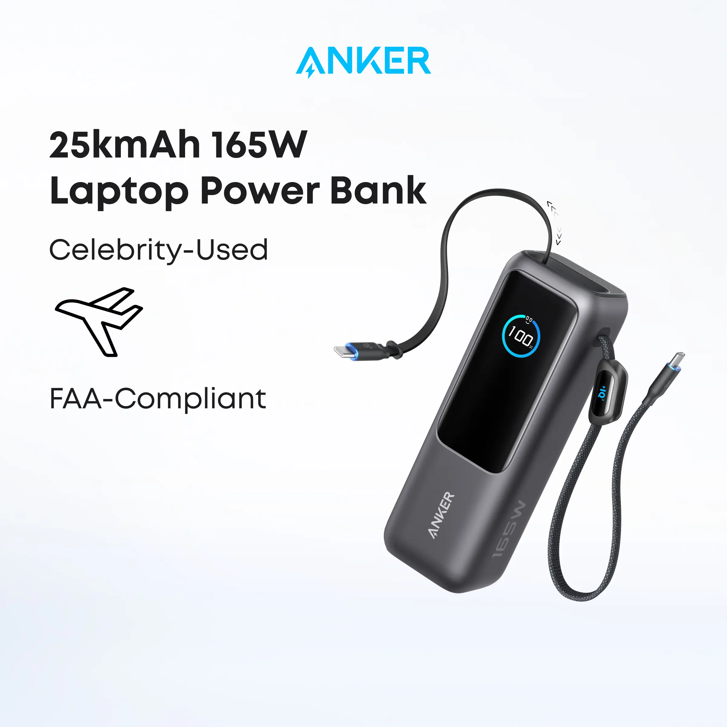 【Power Bank】Anker 165W 25,000mAh Laptop Power Bank, Portable Charger with Built-In Retractable USB-C Cable, 4-Device Fast Charging Battery Pack for Travel and Work,summerwins,FathersDayGift