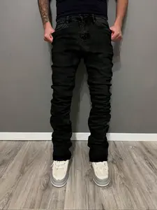 Elastic Fitted Jeans Pants, Casual Street Fashion, Washed Denim Slant Pockets, Cotton Micro Flare Long Pants, All Seasons