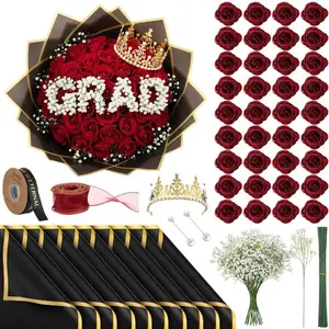 Graduation Gifts DIY Glitter Roses Bouquet Artificial Flower Bouquet Kit Birthday Gifts Flower with Wrapping Paper Baby's breath 3D Butterflies Crowns for Graduation Valentine's Day Wedding Anniversary for Graduate Daughter Girlfriend