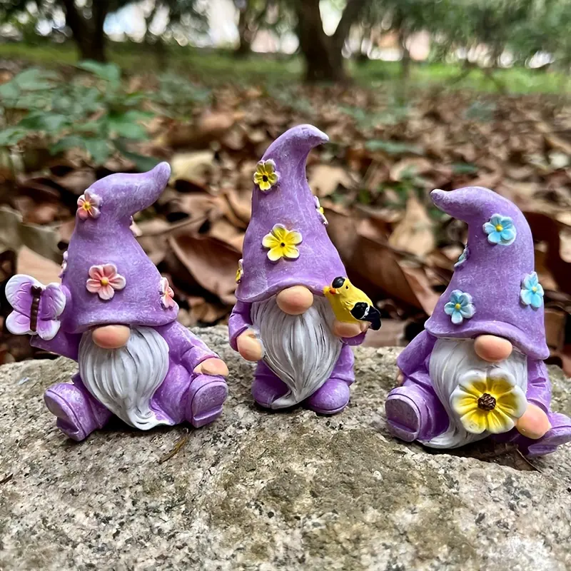 Set of 3 Resin Gnome Figurines, Outdoor Garden Decor, Garden Gnomes, Lavender Color, Perfect for Patio, Balcony, Porch, Shelf, Living Room, Office