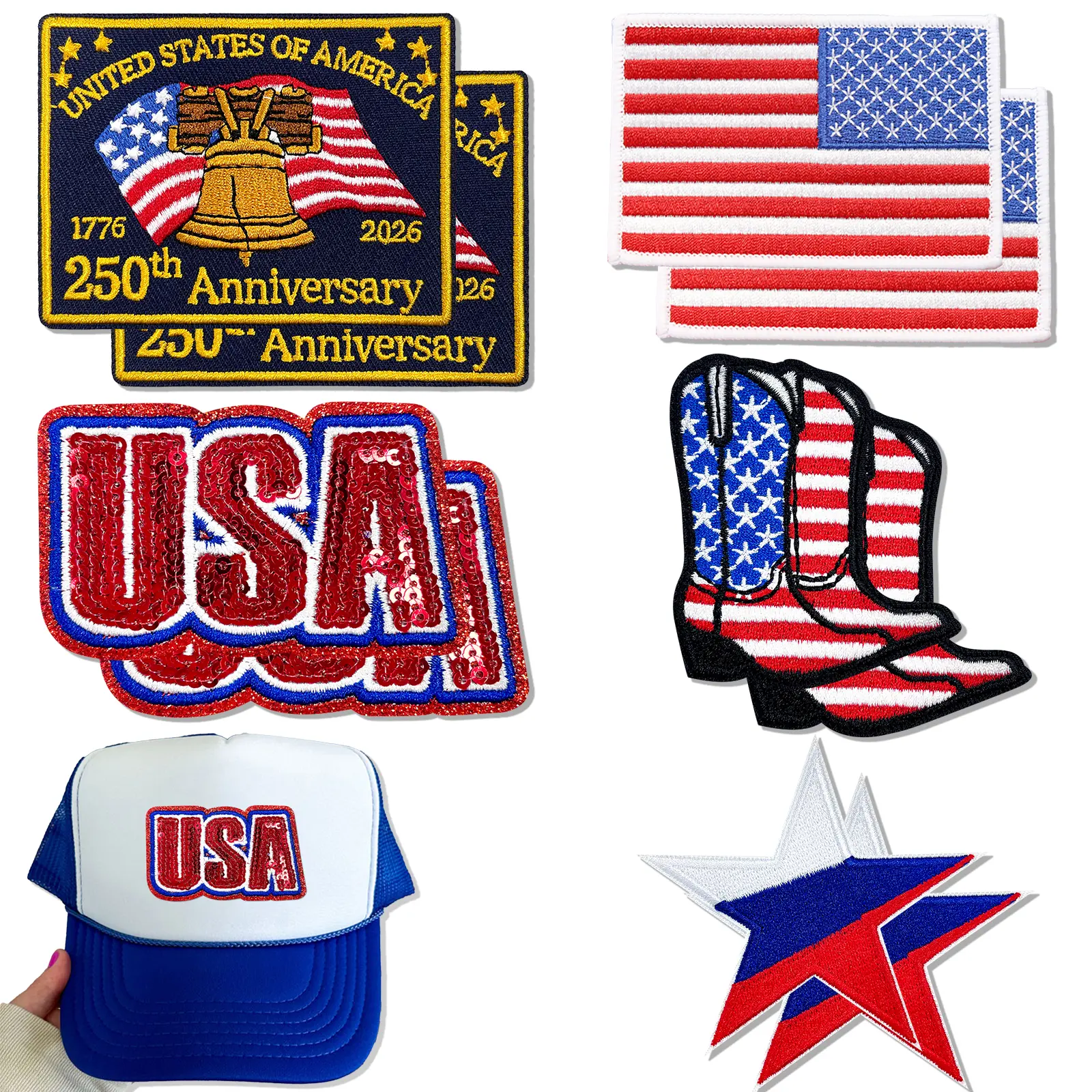 CY 10Pcs Patriotic Iron On Patches Set USA Flag Embroidered Applique DIY Craft Accessories for Trucker Hats Clothing Backpacks Jackets Bag Embroidery Design Set Bull Head Embroidery