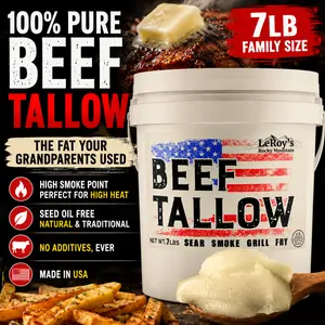 LeRoy's Rocky Mountain Beef Tallow - 7 lb Bucket | Pure American Tradition | High-Quality Beef Tallow for Sear Smoke Grill Fry | 100% Natural No Additives - Cook with unmatched Flavor - Season Cast Iron - Beef Tallow for cooking