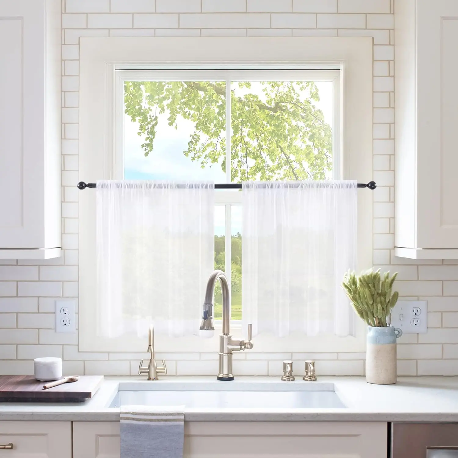 2 Panels Kitchen Tiers Half Window Sheer Curtains Rod Pocket Voile Drapes for Kitchen Bathroom Small Windows : Home & Kitchen