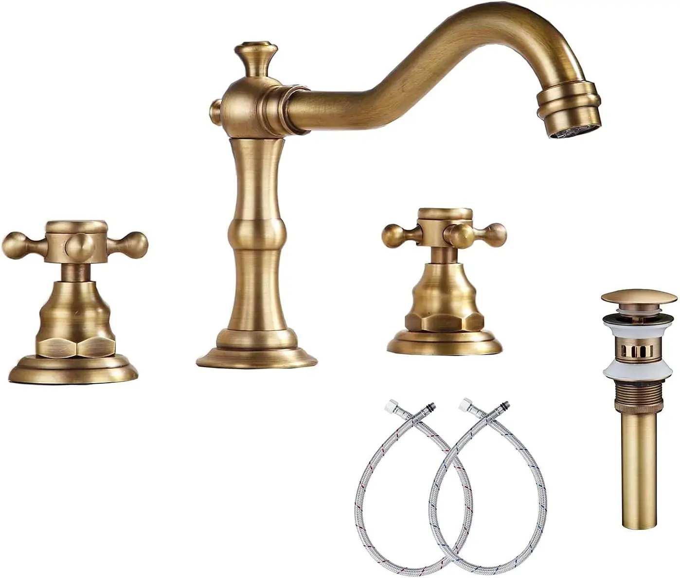 8 inch 2 Handles 3 Holes Widespread Bathroom Sink Faucet Antique Brass Bathroom Vanity Faucet Basin Mixer Tap Matching Metal Pop Up Drain with Overflow