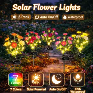 5 Pack Solar Lotus Flower Lights Outdoor, Warm White LED Mixed Color Garden Stake Lights, Auto On/Off IP65 Waterproof Decorative Lights for Yard & Pathway