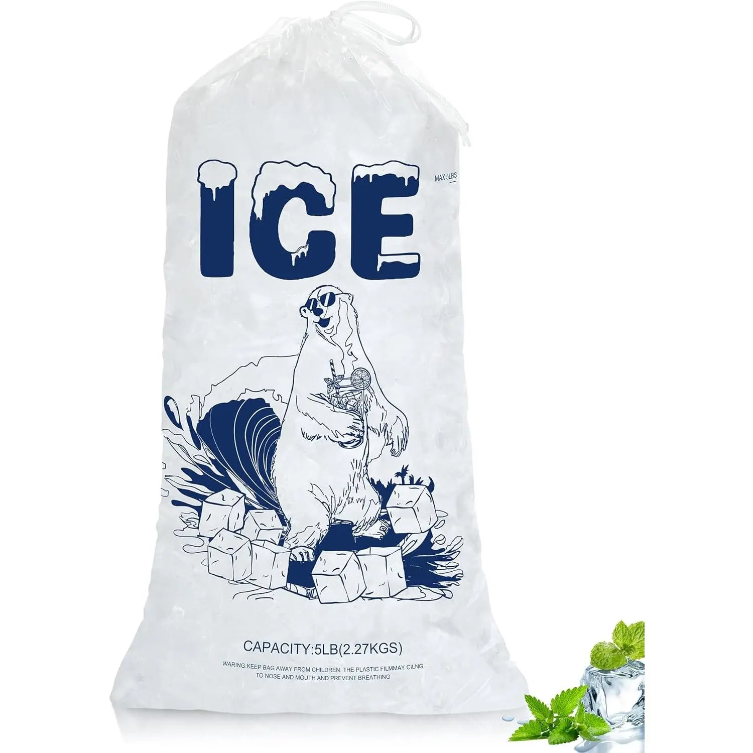 5lb Ice Bags with Drawstring - 50 Pack  Heavy-Duty Plastic Ice Cube Bags for Freezer, Ice Maker, Coolers, Camping, Storage, Leak-Resistant &  Safe