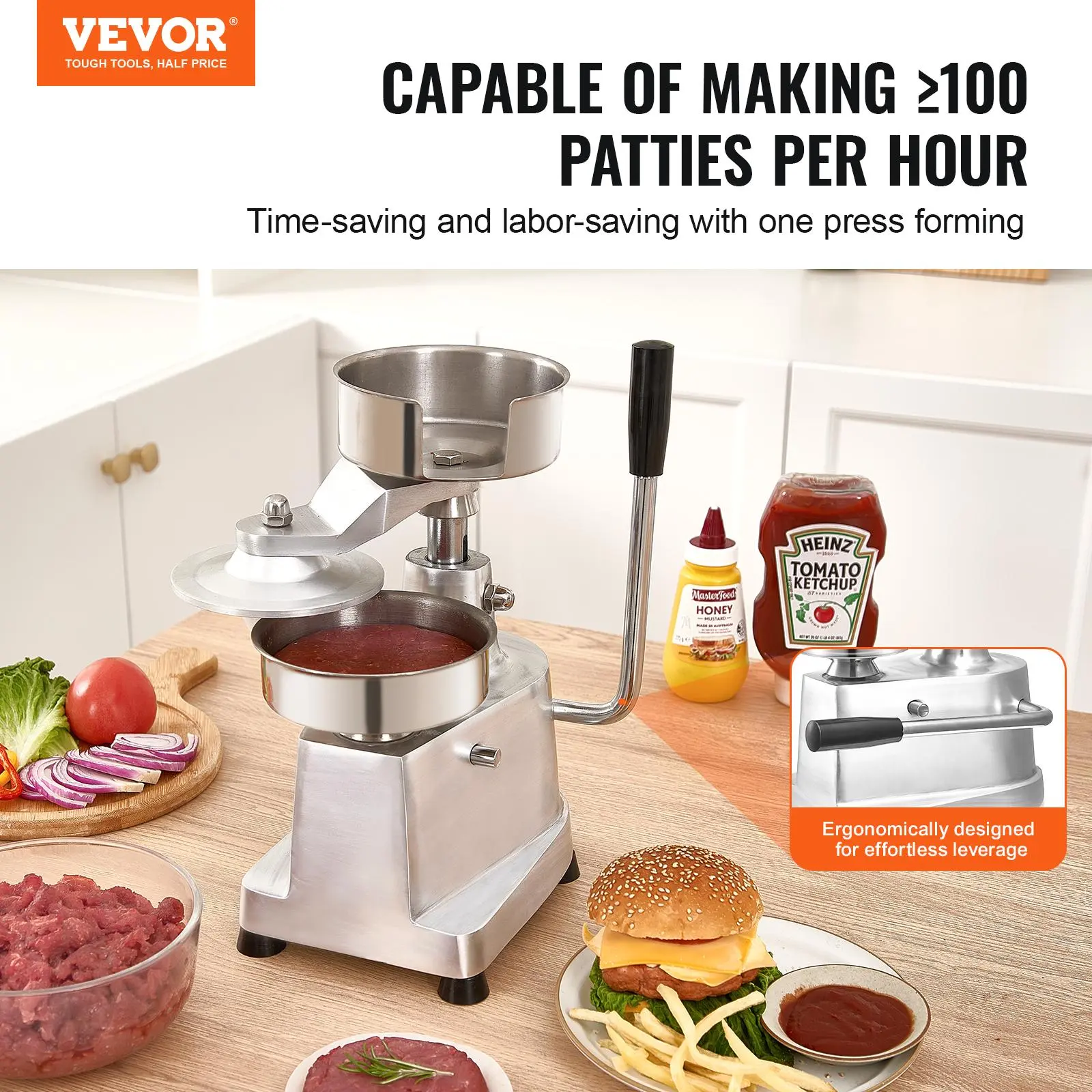 【summerfinds】VEVOR Commercial Burger Patty Maker, 130mm/5inch Hamburger Beef Patty Maker, Heavy Duty Food-Grade Stainless Steel Bowl Burger Press Machine, Kitchen Meat Forming Processor with 1000 Pcs Patty Papers Aluminium Utensils