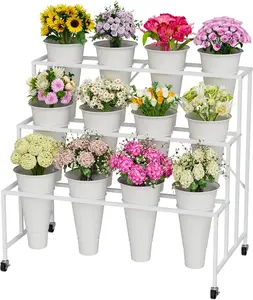 Flower Stand, 3-Tier Flower Display Stand with Buckets for Indoor Outdoor, Flower Cart Display Stand with Wheels for Courtyard, Balcony, Flower Shop, Wedding, Party, Exhibition, White