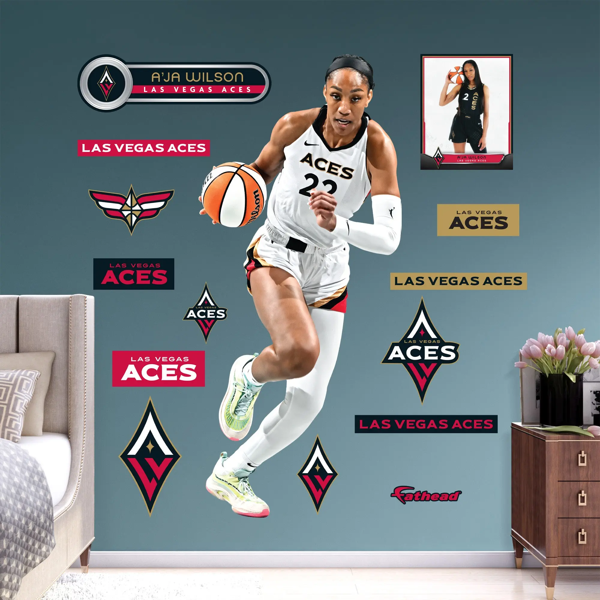 Official WNBA Las Vegas Aces A'ja Wilson RealBig Collection Premium Vinyl Reusable Decal - Fan Game Day Room Art, Team-Themed Home Decor Supplies, Decorative