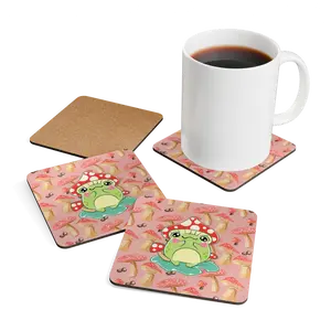 Frog Mushroom Cork Coasters with Adorable Frog Design on Pink Background for Table Protection - Glossy Finish & High-Gloss MDF Top - Set of Four Coasters