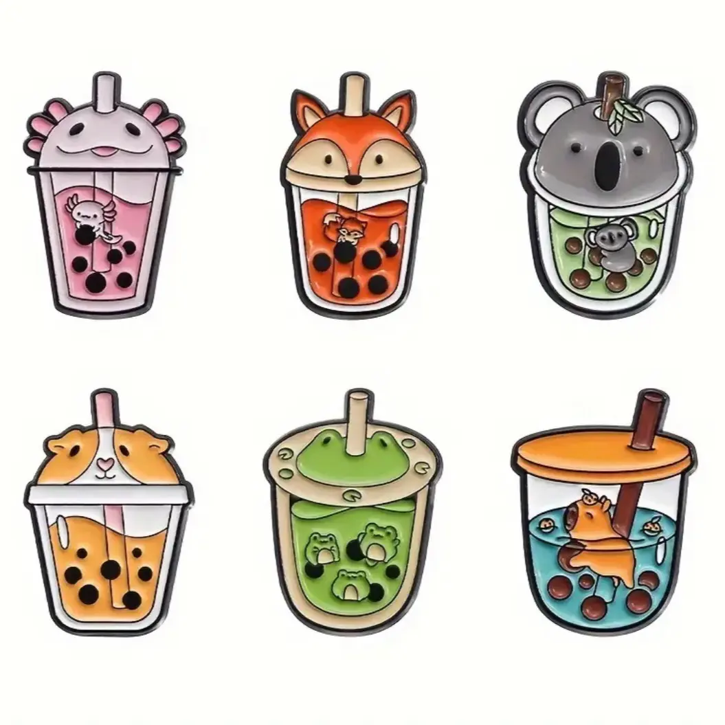 Cute animals boba tea cups enamel pins