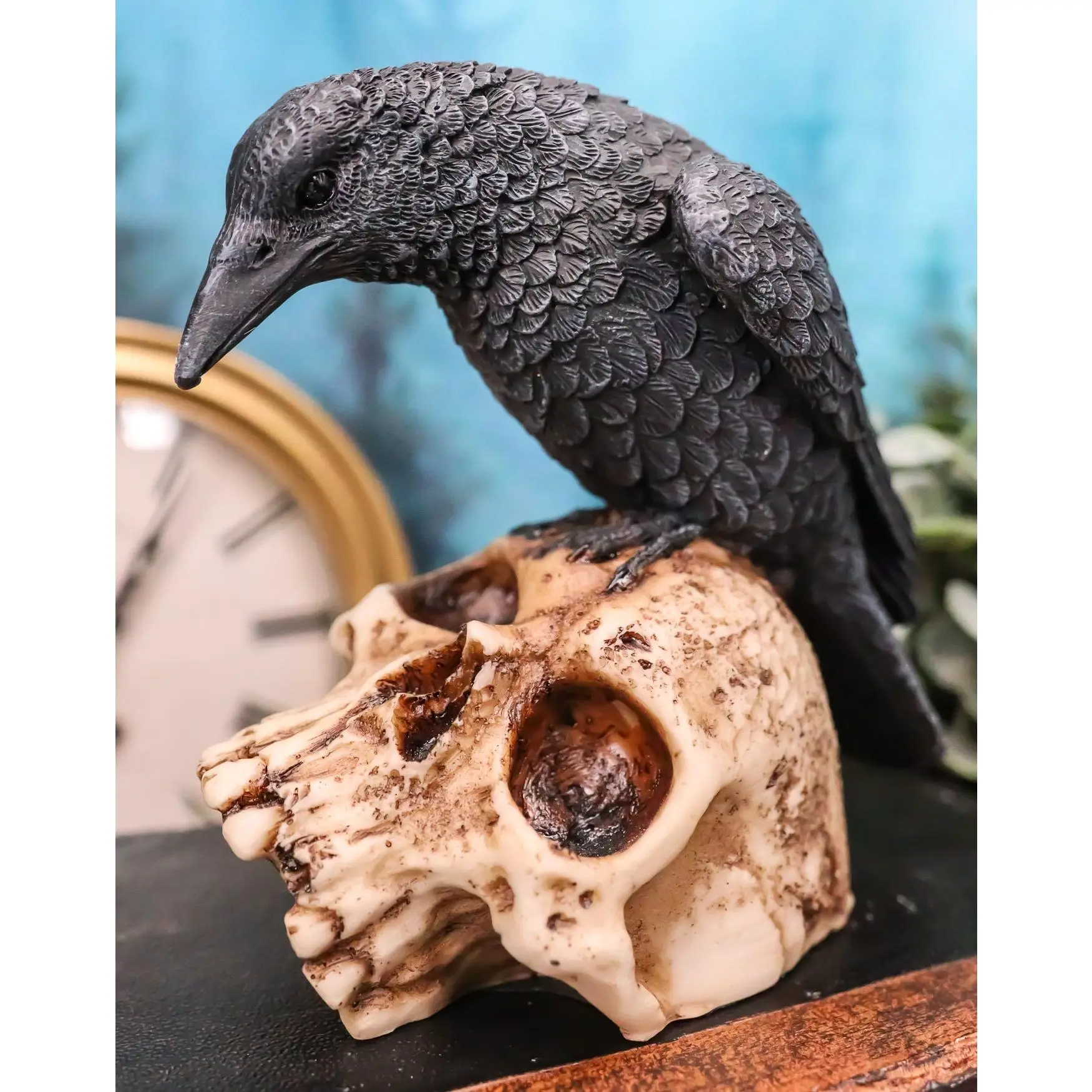 5" Tall Foreboding Dark Crow Raven on Skull Figurine, 3" Deep Ossuary Scavenger Bird Home Decor Statue