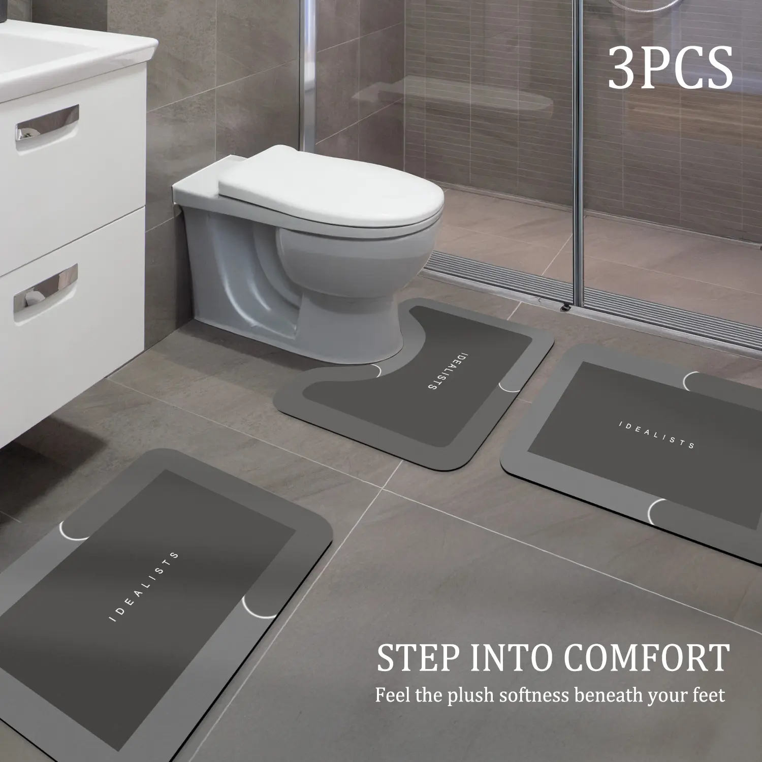 3PCS Bathroom Mat Set - Absorbent U-Shaped & Square Diatomite Bath Rugs, Non-Slip Rubber Toilet Water Absorbent Mats, Washable Modern Geometric Simple Home Bathroom Decor, Rug, Water Absorbent Mat