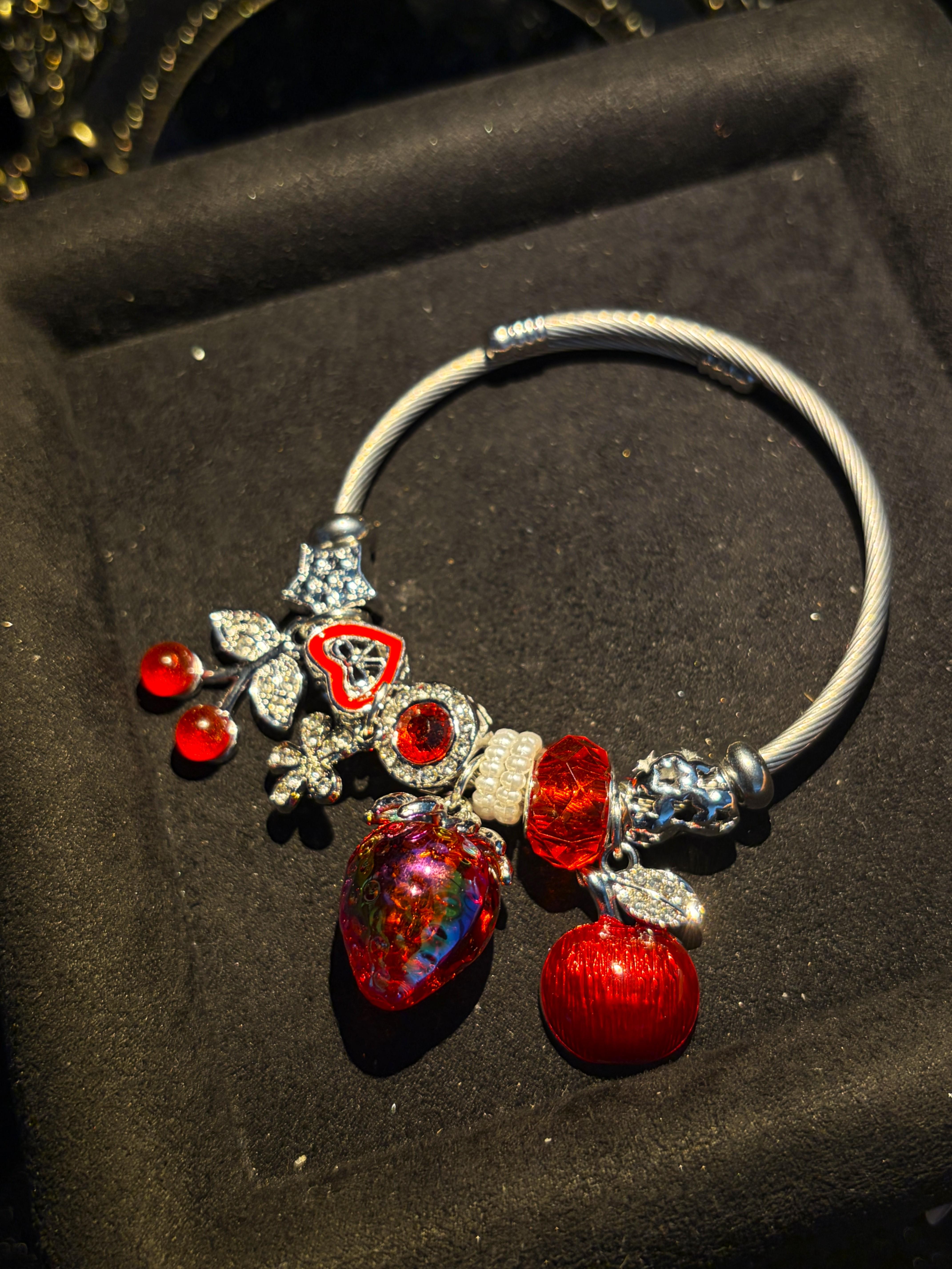 Women's Silver‑Tone Adjustable Open Cuff Bangle, Wire Bangle with Strawberry Cherry Red‑Fruit Heart Charms, Fashion Jewelry for Daily Gifting