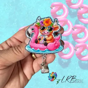 Summertime Highland Cow, Chillin with Flamingo Pool Float Badge Reel- Retractable ID Badge Reels - Interchangeable ID Holders - Beaded Nurse Badge Reel - Teacher Lanyards - Magnetic Badge Pin - Stethoscope ID Tag - Phone Tablet Grip - Handmade Gift