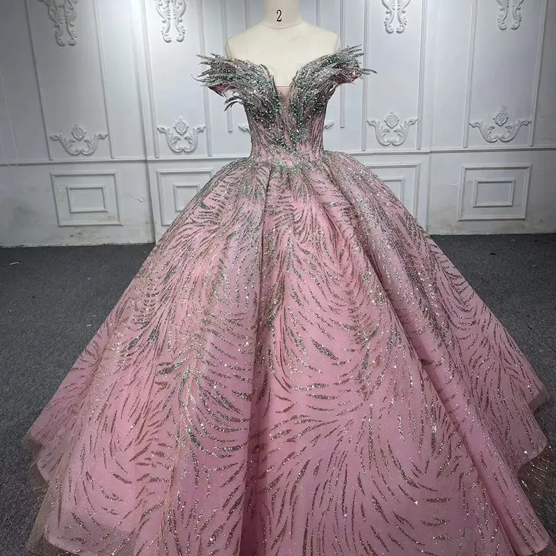 Crystal Lace-Up Pearls Ball Gown Evening Party Quinceanera Dress