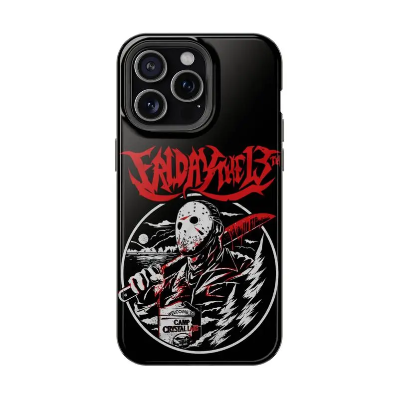 Friday the 13th Jason Voorhees Camp Crystal Lake Shockproof Phone Case, Horror Movie Lover Gift, Blood Red & Black Graphic Rubber-Polycarbonate Casing, Durable Protection Accessory for iPhone 11-17 Pro Max/Plus, Samsung Galaxy S23-25, Heavy Duty Protectio