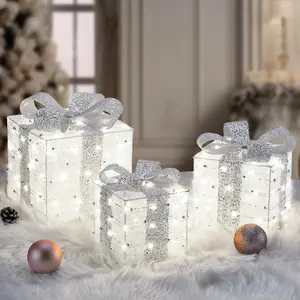 Christmas Lighted Gift Boxes, 140 LEDs Light Up Presents Christmas Decoration, 8 Modes & Timer Function Plug-in Lighted Boxes, Set of 3 Xmas Decor for Holiday Party Indoor Outdoor