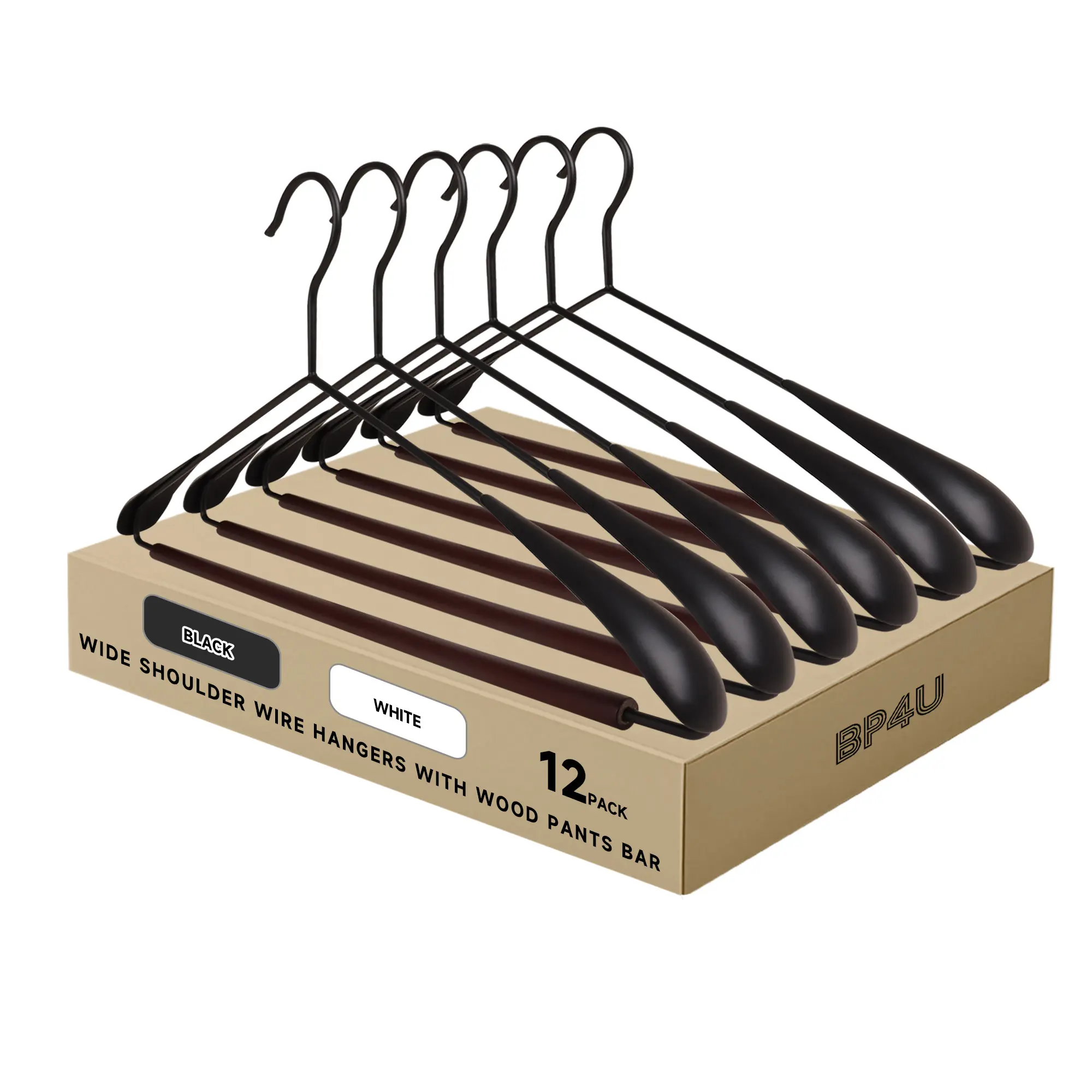 Heavy Duty Metal Wide Shoulder Hangers with Beech Wood Pants Bar, Welded Suit Hangers with Ergonomic Shape-Preserving Design  - Black/White