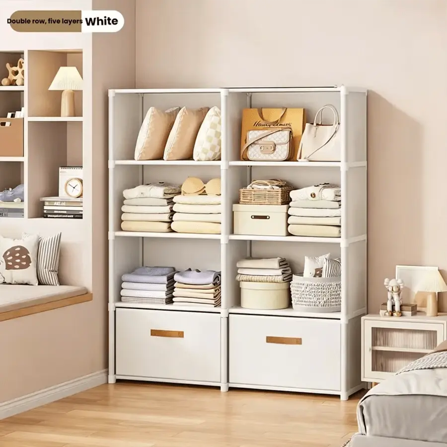 Slim Vertical Double Row 5-Tier Freestanding Closet With Dual Fabric Drawers, Portable Storage Shelf To Create Neat Tidy Living Space
