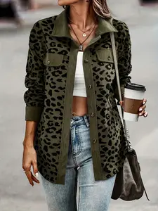 Leopard Print Corduroy Notch Lapel Shirt Jacket for Women, Spring Fall Loose Retro Aesthetic Casual Single Button Open Front Outerwear Coats