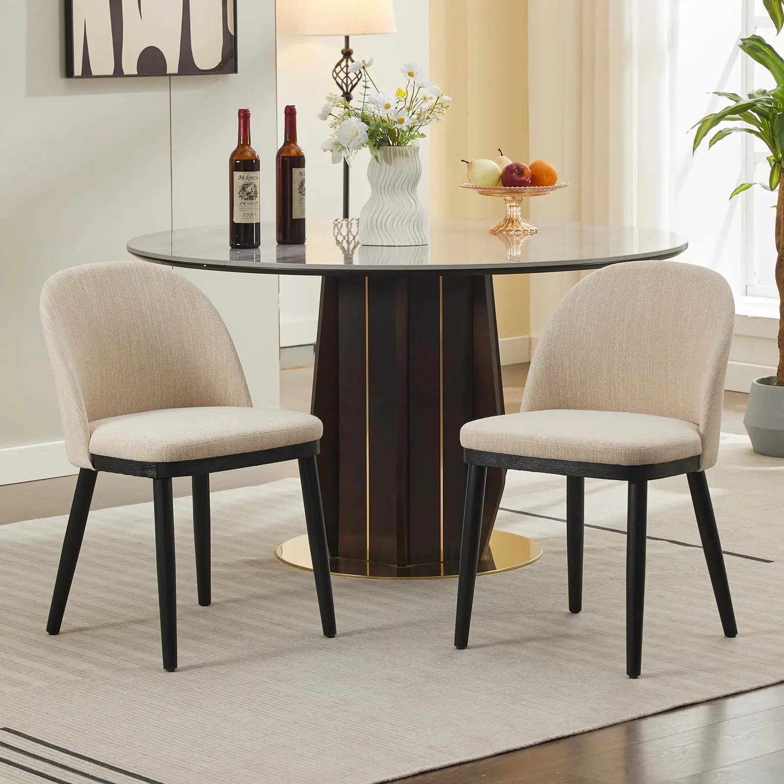 Garvee Set of 2 Modern Upholstered Dining Chairs with Comfortable Beige Linen Seats, Thick Cushions, Curved Backrests, and Sturdy Wooden Legs – Perfect for Dining Rooms, Restaurants, or Cafes