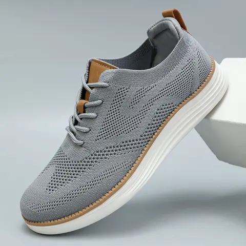 Men's Knitted Breathable Mesh Platform Sneakers - Lace Closure, Fabric Upper, EVA Sole, Ankle-High, Plain Round Toe, Comfortable All-Seasons Basic Foot Wear, Walking Shoes for Business Casual Daily Use