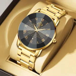 Men's and Women’s Watch with Bible Verse and Cross Design, Waterproof Stainless Steel Band, Business Casual Style, Gold Sapphire Crystal, Perfect Gift for Birthdays, Christmas, and Halloween Quartz Chronograph Rhinestone