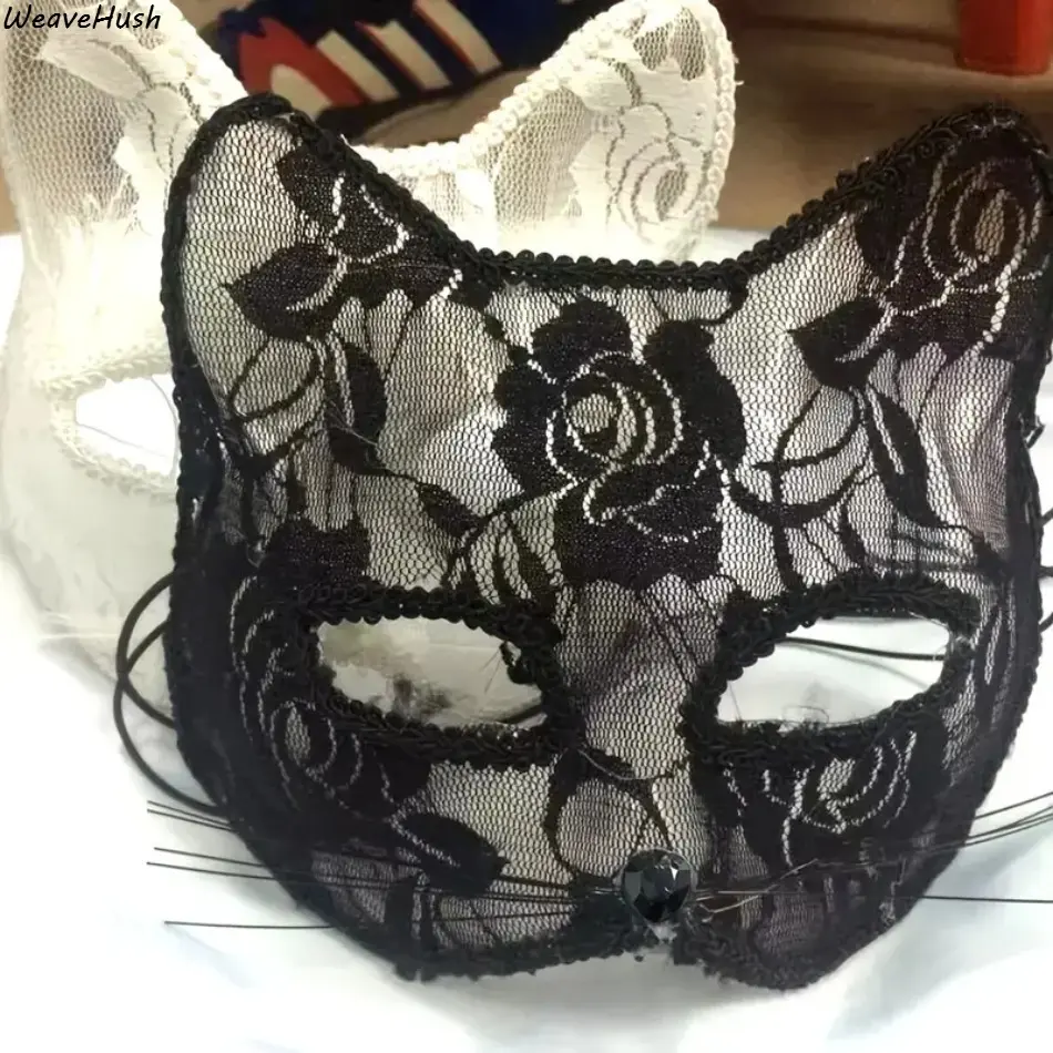 Women's Feminine Elegant Lace Cat Half-Face Venetian Look Mask - Adult Female Indoor Recreation Accessory, Party Prop, 1 Size (Non-Adjustable) for Halloween, Cosplay Events, Party Props, Venice Mask, One Size