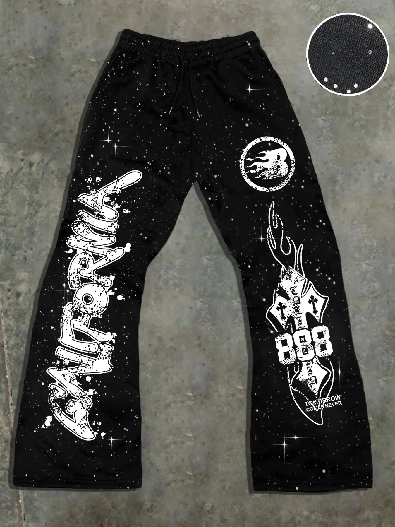 Men's Casual Long Pants, Starry Glitter Print, Graffiti Letters & 888 Totem, Street Style, Casual Streetwear Trousers, Drawstring Waist, Comfortable Silver Fabric, Casual Flare Leg