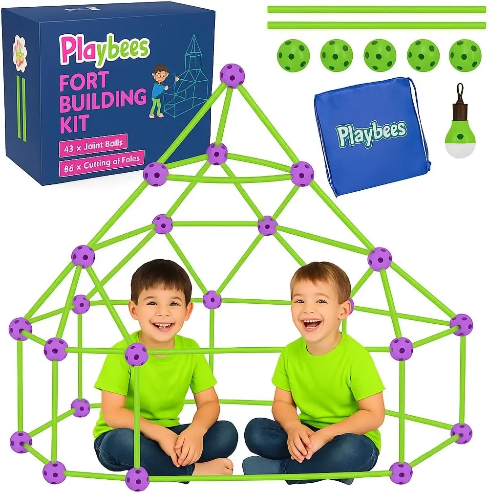 Playbees Fort Building Kit with Rods and Connectors 145 Pieces for Ages 4-8 & 8-12 STEM Toy Indoor Outdoor Play Tent DIY Castle Birthday Gift Construction Playhouse