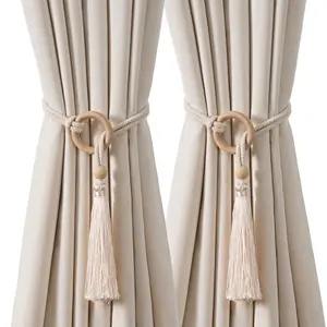 Bohemian Style Curtain Tiebacks Set of 2, Handwoven Polyester Rope Fringe Accessories for Home Office Decor, Elegant Hanging Window Trim, Tassel Decor Curtain