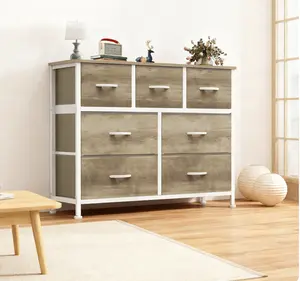 7-Drawer Fabric Dresser Storage Tower with Wood Top & Metal Frame, Large Organizer Chest for Bedroom, Living Room, Hallway or Closet