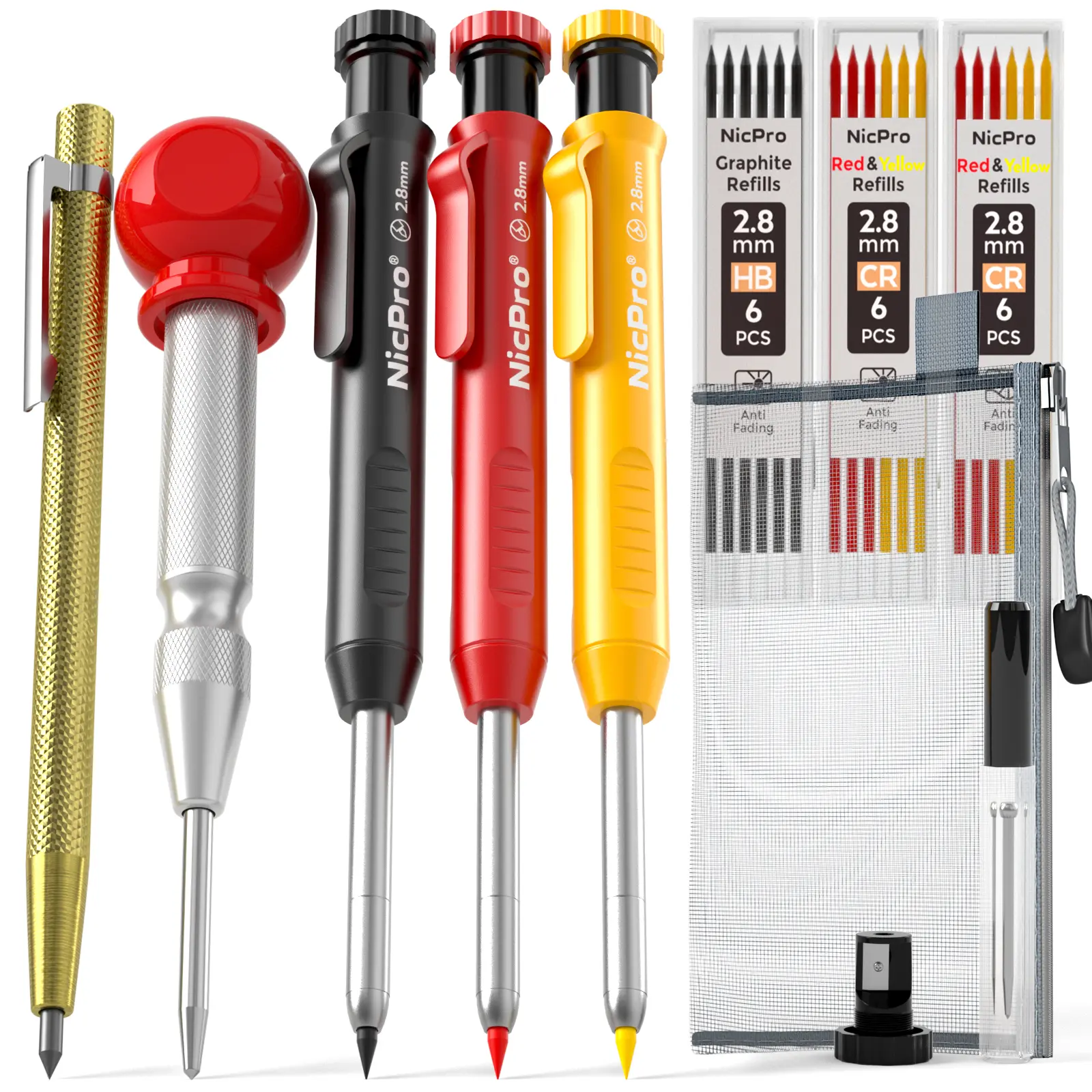 Nicpro 5 Pack Carpenter Pencils Mechanical, Construction Pencils with 21 Refill, Automatic Center Punch and Carbide Scribe Tool, Mechanical Pencil for Woodworking, Best Carpenters Marking Tool