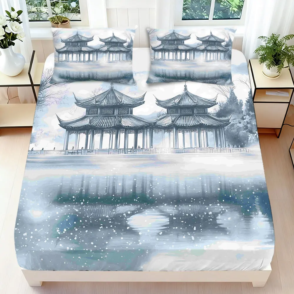 2/3 Pcs 2D Flat Chinese Style Landscape Fitted Sheet Set Chinese Pavilion Bedding Set Quilt Cover 1 Fitted Sheet + 1/2 Pillowcases Chinese Landscape Top Sheet Decorative Bedding Bedroom Decor